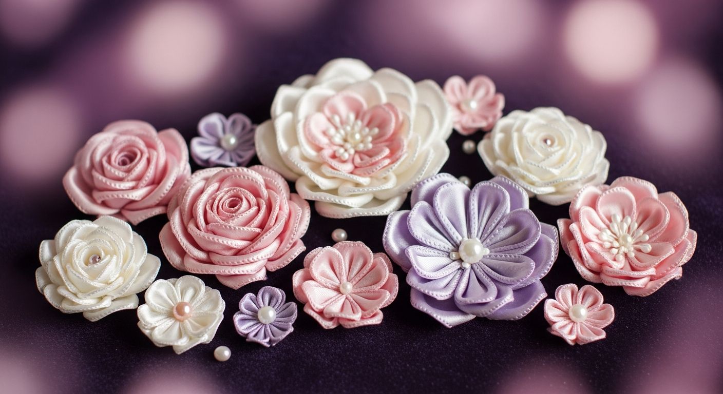 AI_IMAGE: Handmade satin flowers in blush pink ivory and soft lavender tones with pearl accents arranged on a dark velvet surface, delicate stitching visible on each petal, soft purple bokeh lighting creating romantic atmosphere | digital-art | landscape