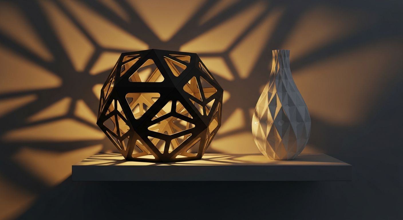 AI_IMAGE: 3D printed geometric lampshade casting intricate shadow patterns on a dark wall, modern minimalist vase with voronoi pattern beside it on a floating shelf, warm golden amber accent lighting creating a cozy atmosphere | digital-art | landscape