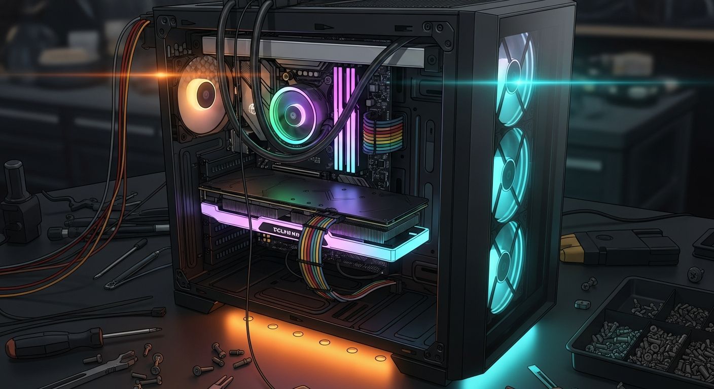 AI_IMAGE: Custom gaming PC being assembled on a dark workbench showing motherboard installation, RGB components visible, cable management in progress, orange and cyan neon accent lighting reflecting off the tempered glass case panel | digital-art | landscape