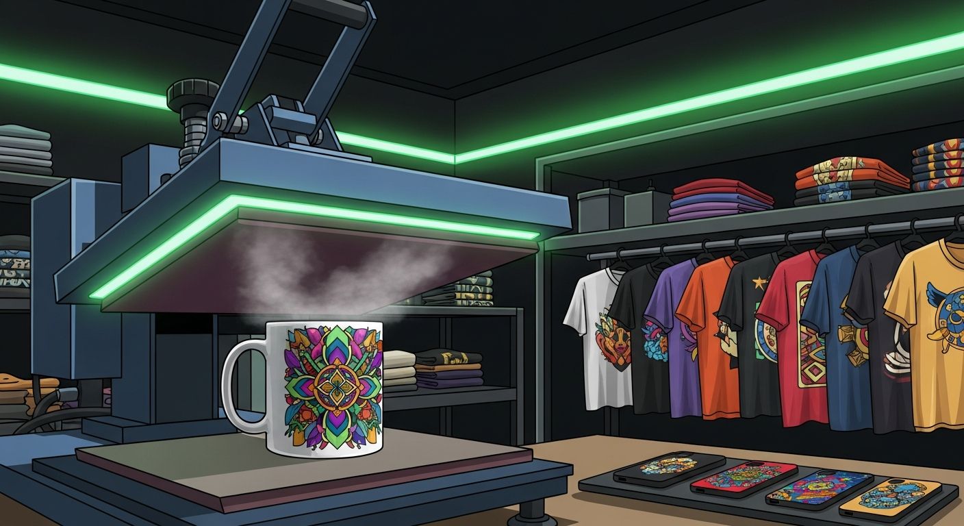 AI_IMAGE: Heat press machine transferring a vibrant full-color design onto a white ceramic mug, steam rising, colorful printed t-shirts and phone cases arranged nearby, green neon accent lighting in a dark workshop environment | digital-art | landscape