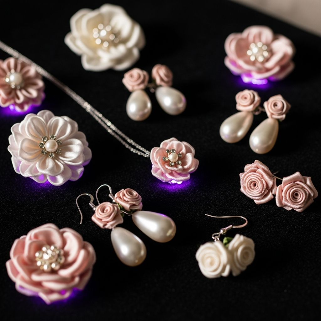 AI_IMAGE: Handcrafted artisan jewelry pieces displayed on dark velvet delicate satin flower brooches pearl drop earrings with tiny satin rose accents a pendant necklace with miniature satin flower all in soft blush and ivory tones dramatic purple accent lighting from below fine jewelry product photography with selective focus | photorealistic | square