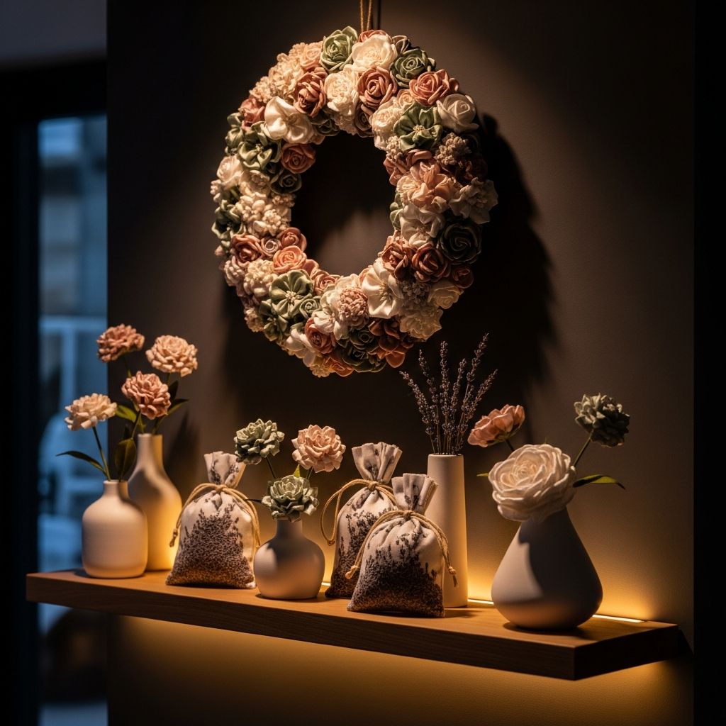 AI_IMAGE: Handmade home decoration pieces including a satin flower wreath on a dark wall small satin flower arrangements in minimalist vases on a shelf fabric sachets with dried lavender all in muted blush cream and sage tones cozy dark interior with warm accent lighting lifestyle home decor photography | photorealistic | square