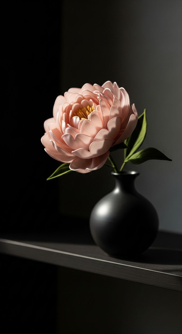 AI_IMAGE: Single exquisite handmade satin peony flower in soft blush pink displayed in a small dark ceramic vase on a minimalist dark shelf each petal showing detailed stitching and natural curl dramatic side lighting creating depth and shadows the flower appears almost alive with its delicate form fine art product photography | photorealistic | portrait