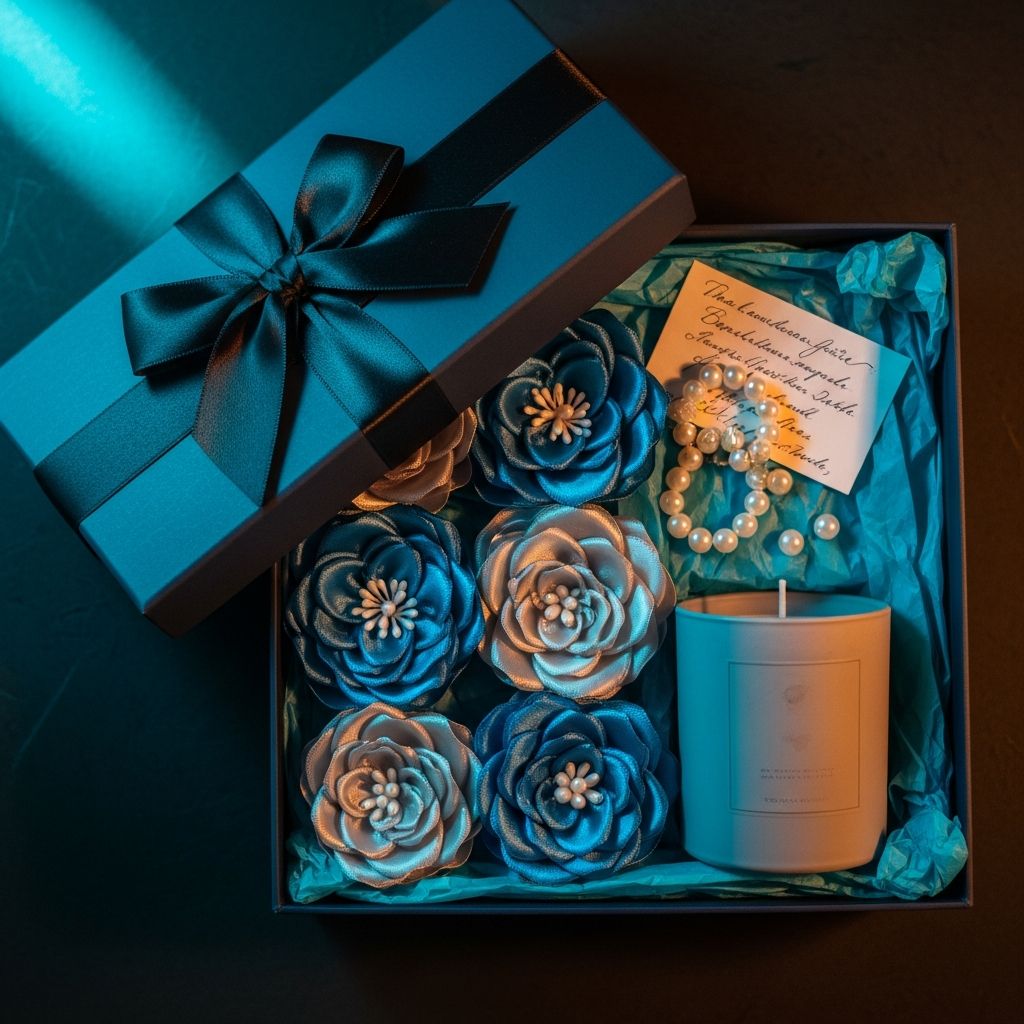AI_IMAGE: Luxurious gift box set containing handmade satin flowers a small scented candle and pearl accessories elegantly packaged in a dark gift box with satin ribbon tissue paper and a handwritten card photographed from above on a dark surface with soft cyan and warm lighting premium gift set product photography | photorealistic | square