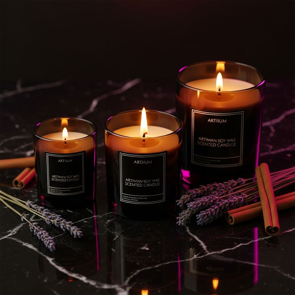 AI_IMAGE: Artisan soy wax scented candles in elegant dark glass containers with minimalist labels three different sizes arranged on a black marble surface one candle lit with warm flickering flame dried lavender sprigs and cinnamon sticks arranged nearby moody amber and magenta accent lighting luxury home fragrance product photography | photorealistic | square