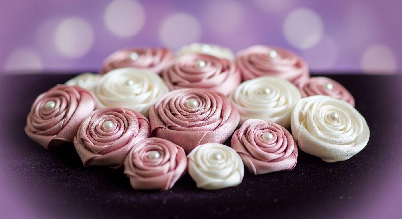 AI_IMAGE: Handmade satin roses in blush pink and ivory tones with pearl accents on dark velvet, soft purple bokeh lighting, artisan craft photography | digital-art | landscape