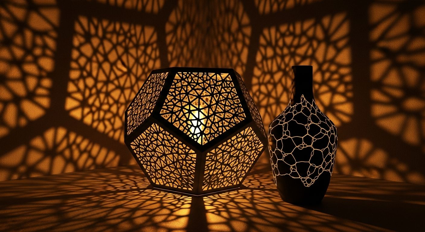AI_IMAGE: 3D printed geometric lampshade casting intricate shadow patterns on a dark wall, modern minimalist vase with voronoi pattern beside it, warm golden amber accent lighting | digital-art | landscape