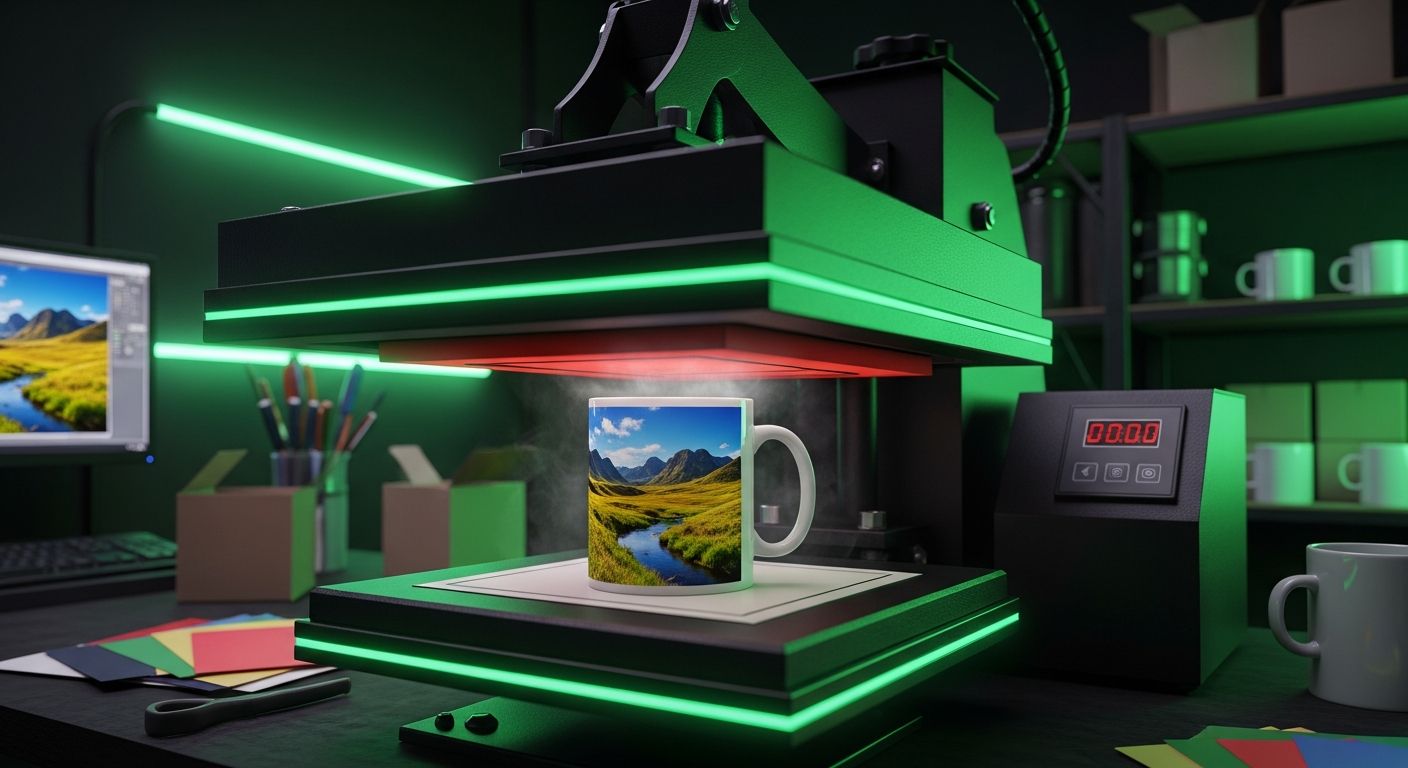 AI_IMAGE: Heat press machine transferring a vibrant full-color photo onto a white ceramic mug, steam rising, green neon accent lighting in a dark workshop | digital-art | landscape