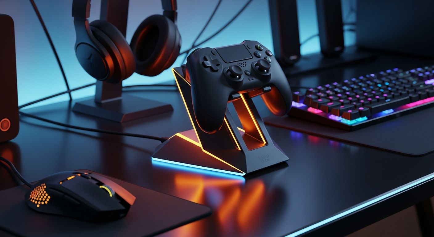 AI_IMAGE: Custom 3D printed gaming controller stand with integrated LED lighting on a dark desk, orange and blue neon backlighting reflecting off glossy surface, tech accessories aesthetic | digital-art | landscape