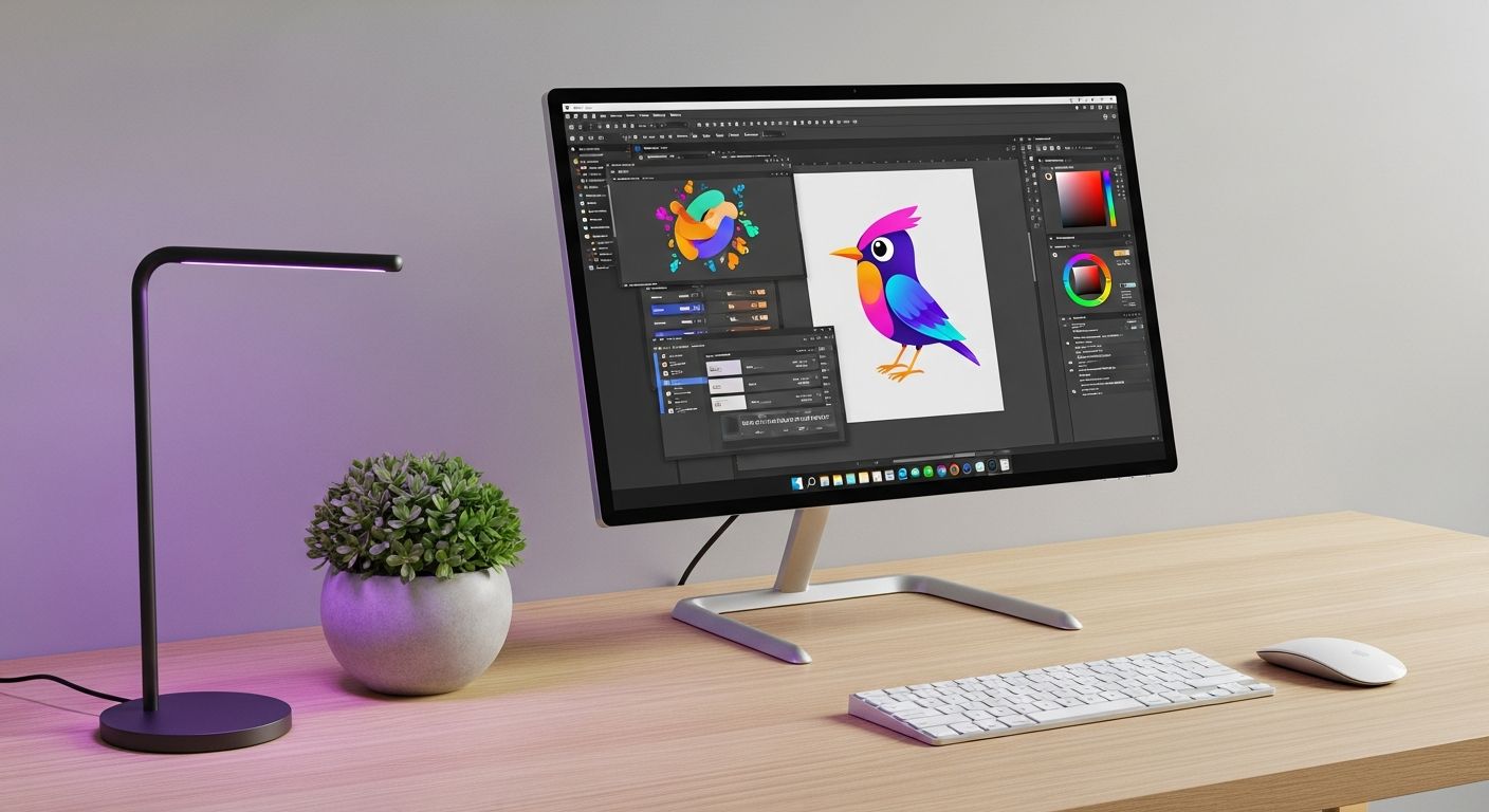 AI_IMAGE: Sleek modern all-in-one computer with ultra-thin bezels on a clean desk, wireless peripherals, the screen showing a creative design application, minimalist home office setup with a potted plant, soft purple ambient lighting from a desk lamp, elegant and space-saving computing concept | photorealistic | landscape