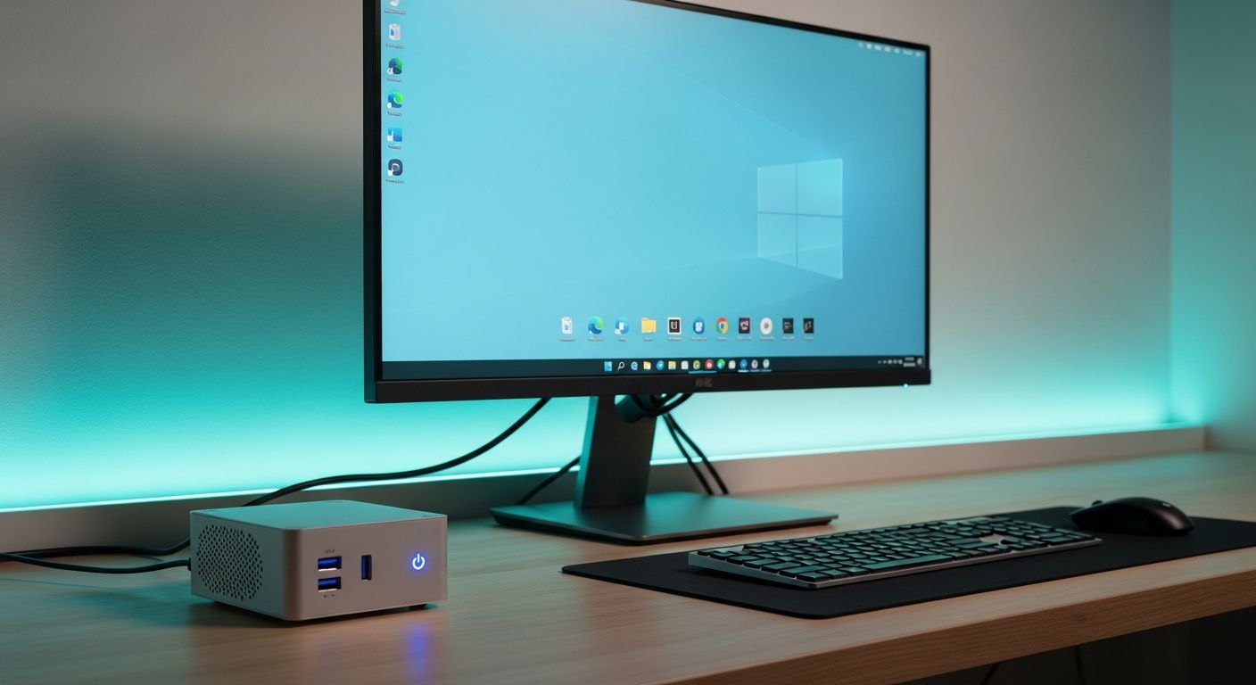 AI_IMAGE: Compact Intel NUC mini PC sitting next to a full-size monitor on a tidy desk, the tiny form factor visible with USB ports and power button lit in blue, cable connected to a 4K display showing a desktop, minimalist computing setup with clean lines and subtle cyan neon ambient light | photorealistic | landscape