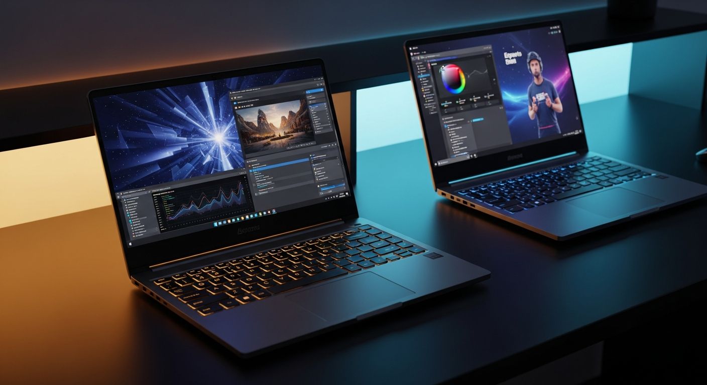 AI_IMAGE: Premium laptop with thin bezels open on a dark desk showing a vibrant display, backlit keyboard visible, a second laptop beside it in a different color, both showing professional and gaming capabilities, dark environment with warm amber and cool cyan accent lighting from desk LED strips, portable computing concept | photorealistic | landscape