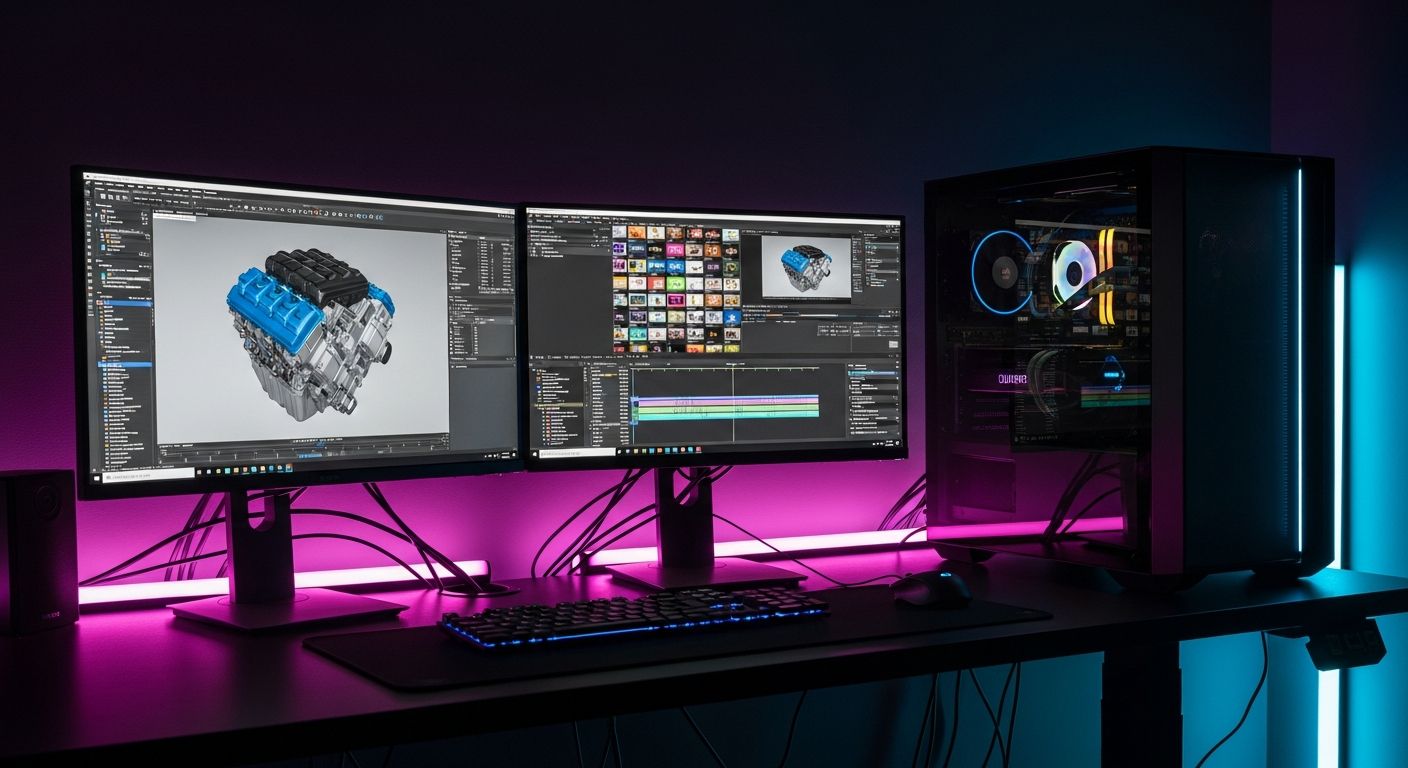 AI_IMAGE: Professional workstation tower with dual monitors showing 3D CAD software and video editing timeline, high-end NVIDIA Quadro graphics card visible through glass panel, organized cable management, dark professional studio environment with magenta and cyan neon accent lighting | photorealistic | landscape