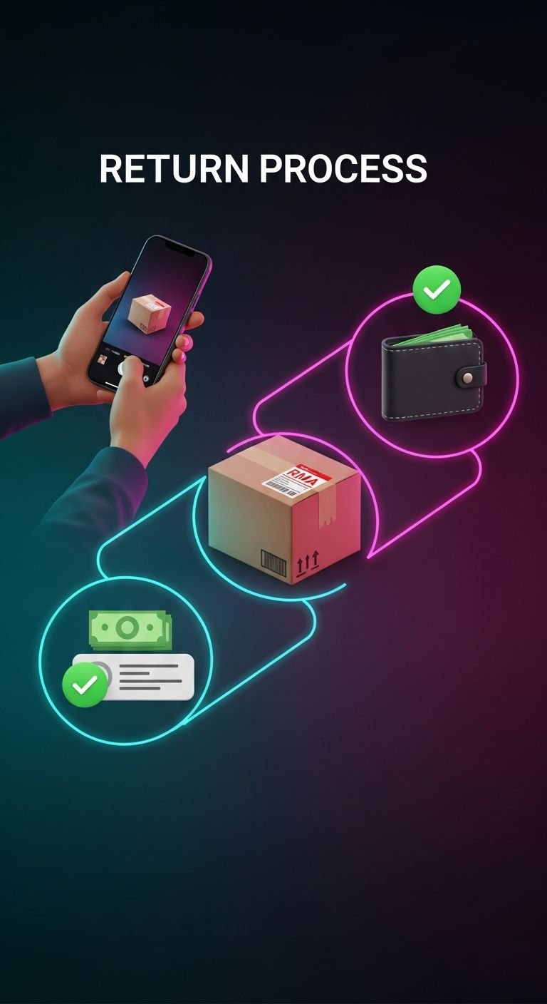 AI_IMAGE: A step-by-step return process visualization showing three stages connected by glowing neon lines: a customer photographing a product with their phone, then a package being prepared for shipping with RMA label, then a digital wallet icon receiving a refund with green checkmark, all on deep dark background with cyan and magenta neon accent lighting, futuristic returns workflow concept | digital-art | portrait