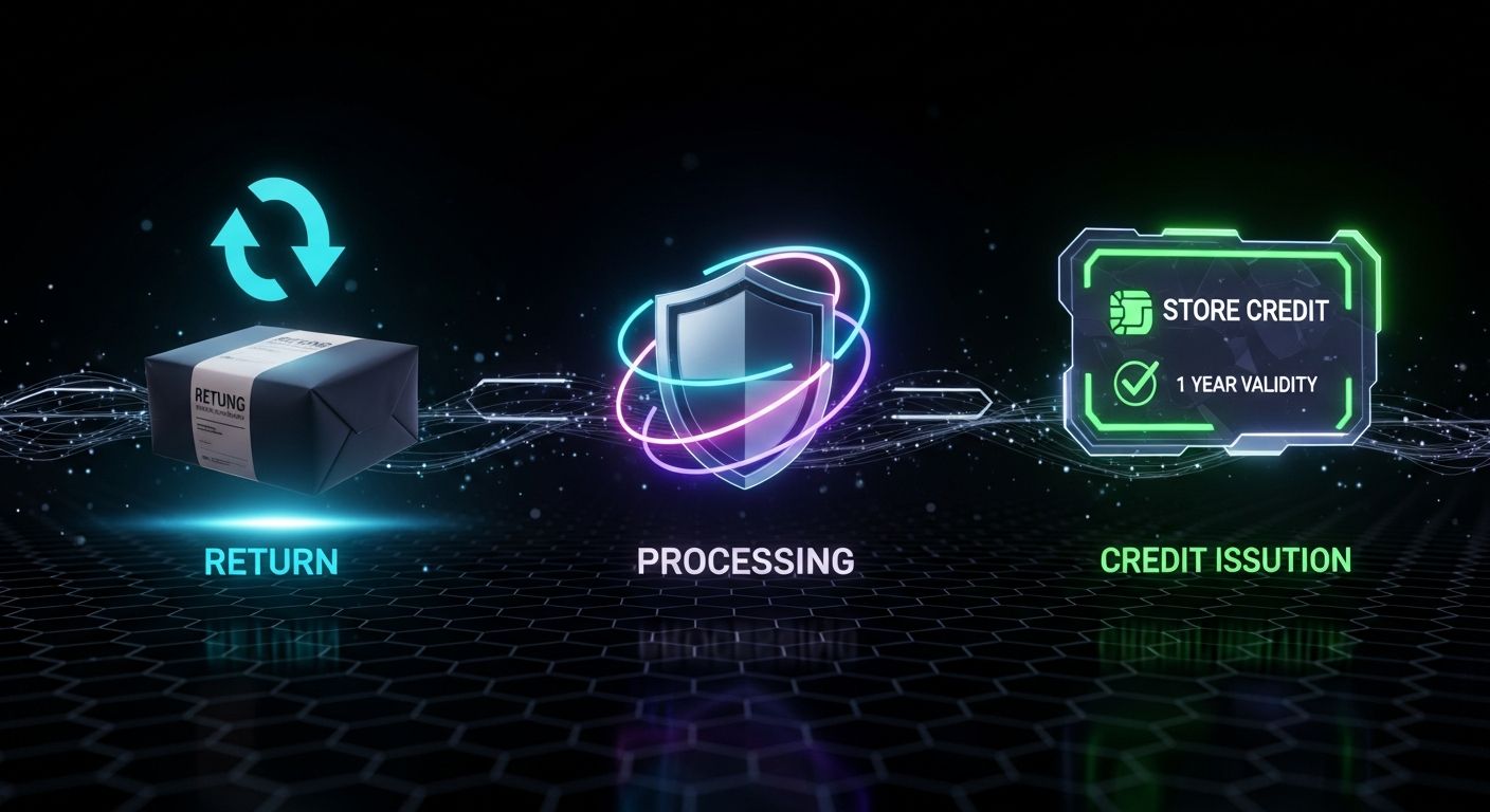 AI_IMAGE: Futuristic cyberpunk-style visualization of a product exchange and store credit process, on the left a dark branded package with a glowing cyan return arrow symbol above it, in the center a sleek holographic processing shield icon with rotating neon rings in cyan magenta and purple, on the right a futuristic digital store credit card glowing with green neon light showing a checkmark and 1 year validity text, all three stages connected by flowing luminous data streams on a deep black void background with subtle hexagonal grid pattern and particle effects, dark moody atmosphere with volumetric lighting | digital-art | landscape