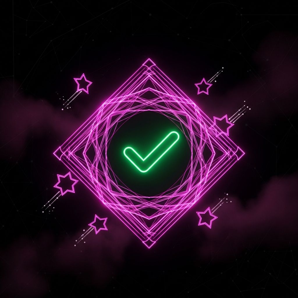 AI_IMAGE: A glowing quality checkmark badge with stars around it, a diamond-shaped certification seal floating in space, magenta and pink neon glow effects, dark background with subtle geometric patterns, quality assurance and excellence concept | digital-art | square