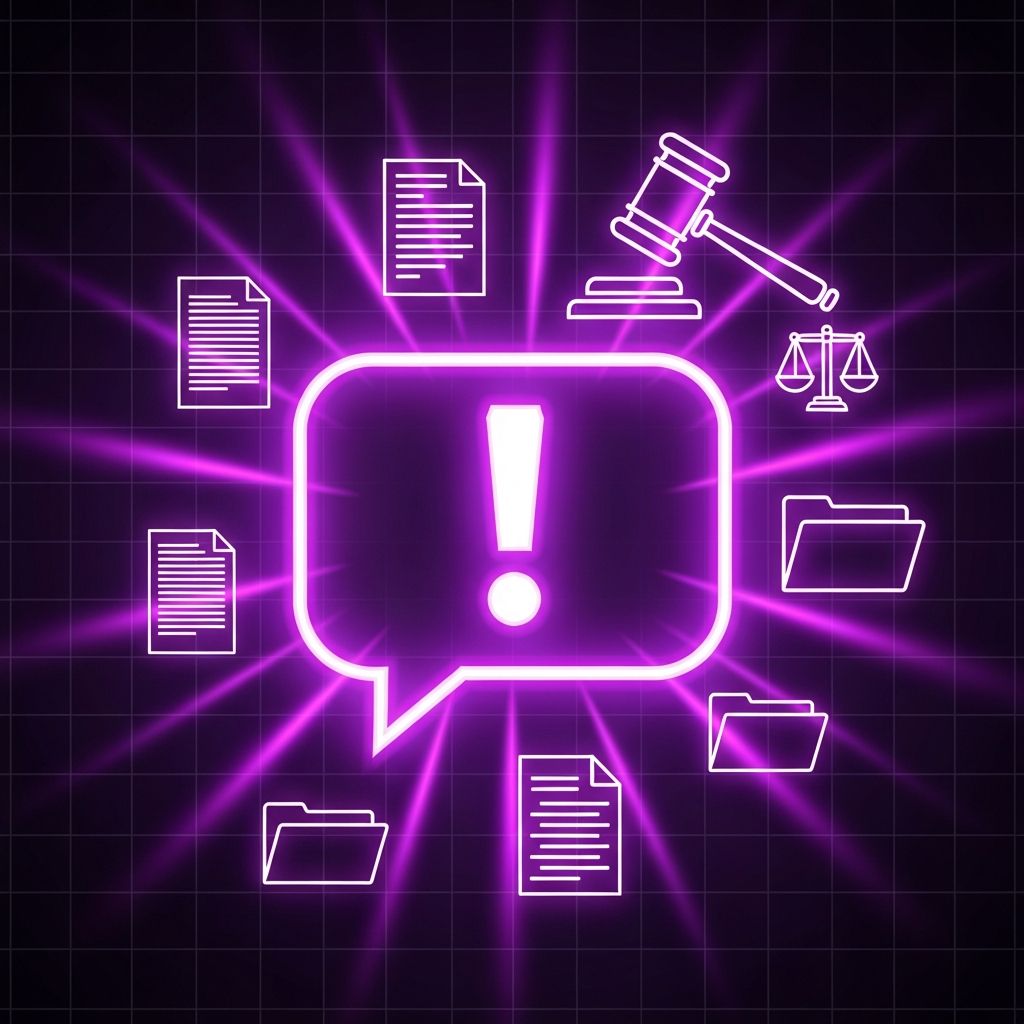 AI_IMAGE: A glowing speech bubble with an exclamation mark inside, surrounded by document icons and legal gavel symbol, purple neon glow effects radiating outward, dark background with subtle grid pattern, consumer complaint and voice concept | digital-art | square