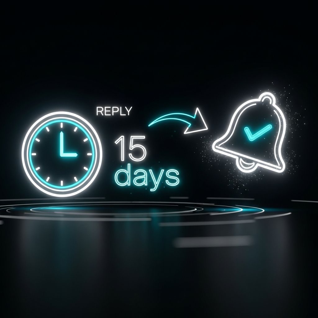 AI_IMAGE: A glowing clock icon with 15 days text beside it and a reply arrow symbol, floating notification bell with checkmark, cool white and cyan neon effects on dark background, timely response and accountability concept with futuristic aesthetic | digital-art | square