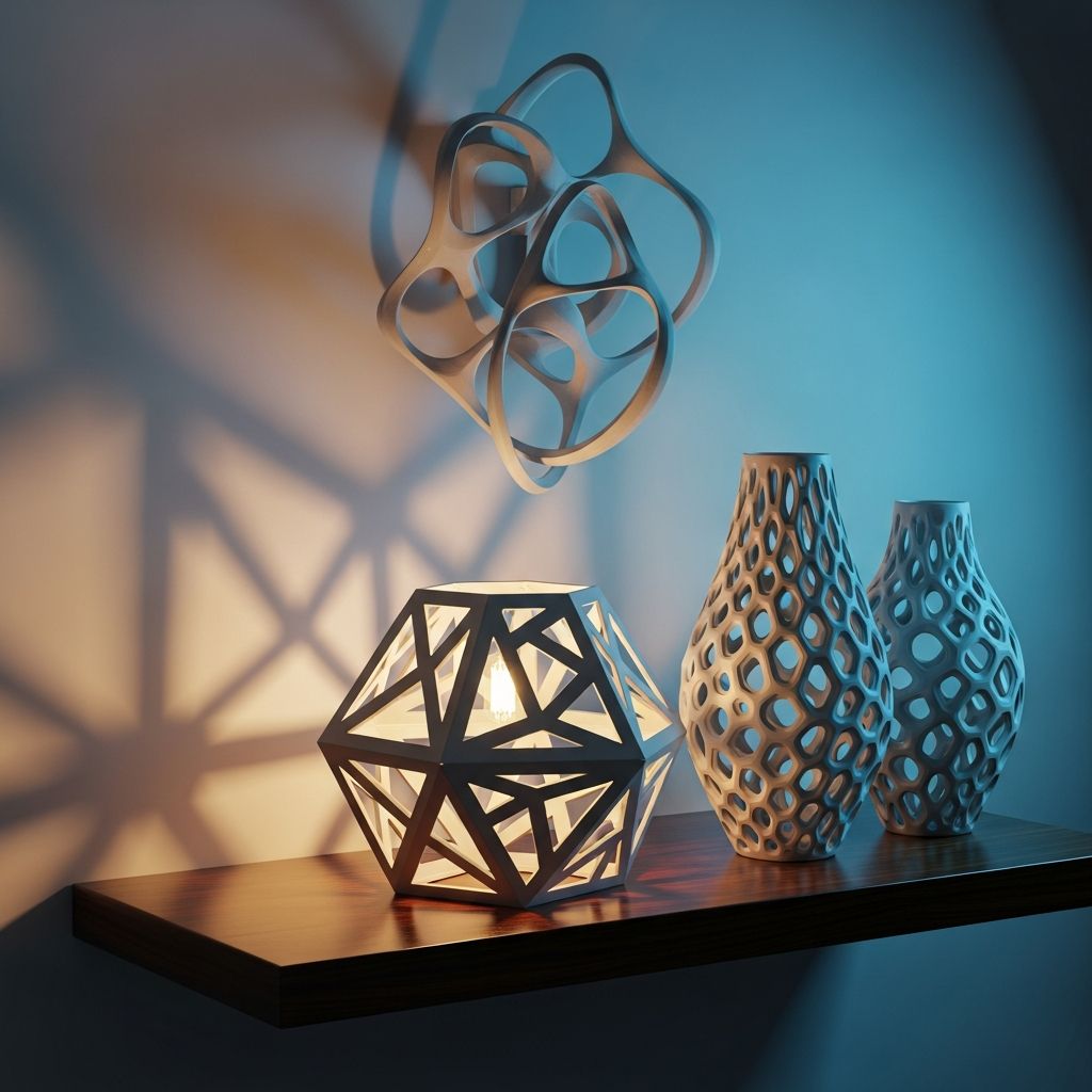 AI_IMAGE: Elegant 3D printed home decoration items including a geometric lampshade casting intricate shadow patterns, a modern vase with voronoi pattern and a wall-mounted sculpture, all in white and gray PLA displayed on a dark shelf with warm amber and cool cyan accent lighting | digital-art | square