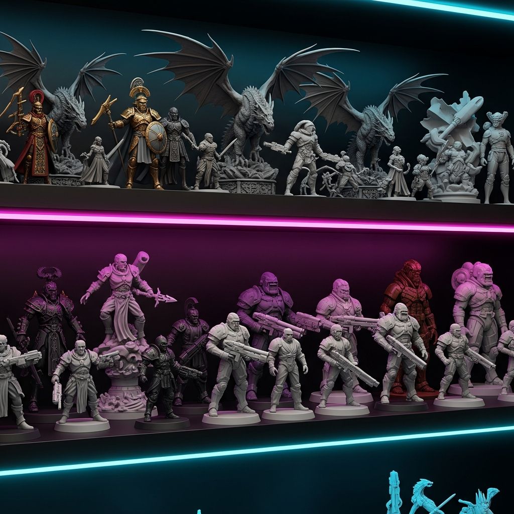 AI_IMAGE: Collection of detailed 3D printed miniature figurines and statues arranged on a dark display shelf, fantasy warriors, dragons and sci-fi characters in various materials including resin and PLA, some painted and some showing raw print detail, dramatic magenta and cyan neon accent lighting | digital-art | square
