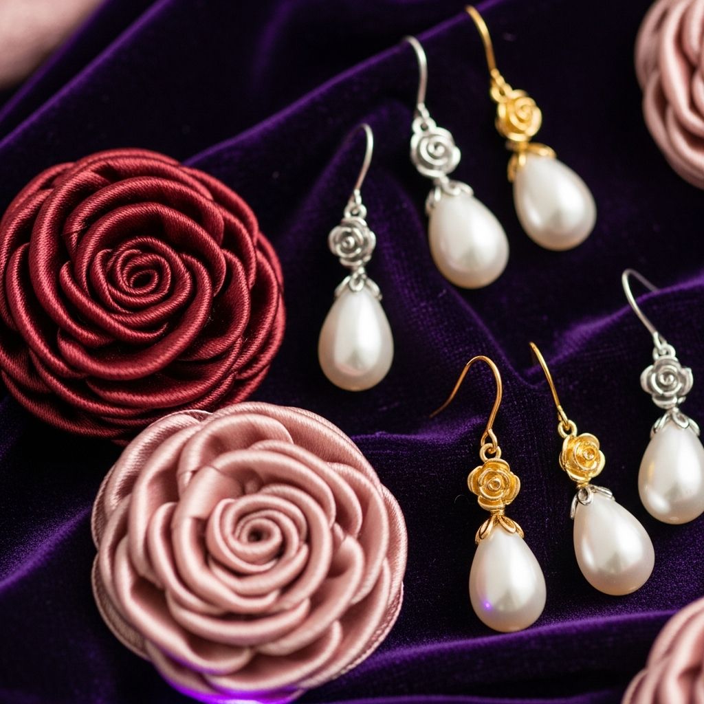 AI_IMAGE: Handmade artisan jewelry including satin flower brooches and pearl drop earrings with tiny rose accents displayed on dark velvet, soft purple accent lighting from below, fine jewelry product photography with selective focus and bokeh | photorealistic | square