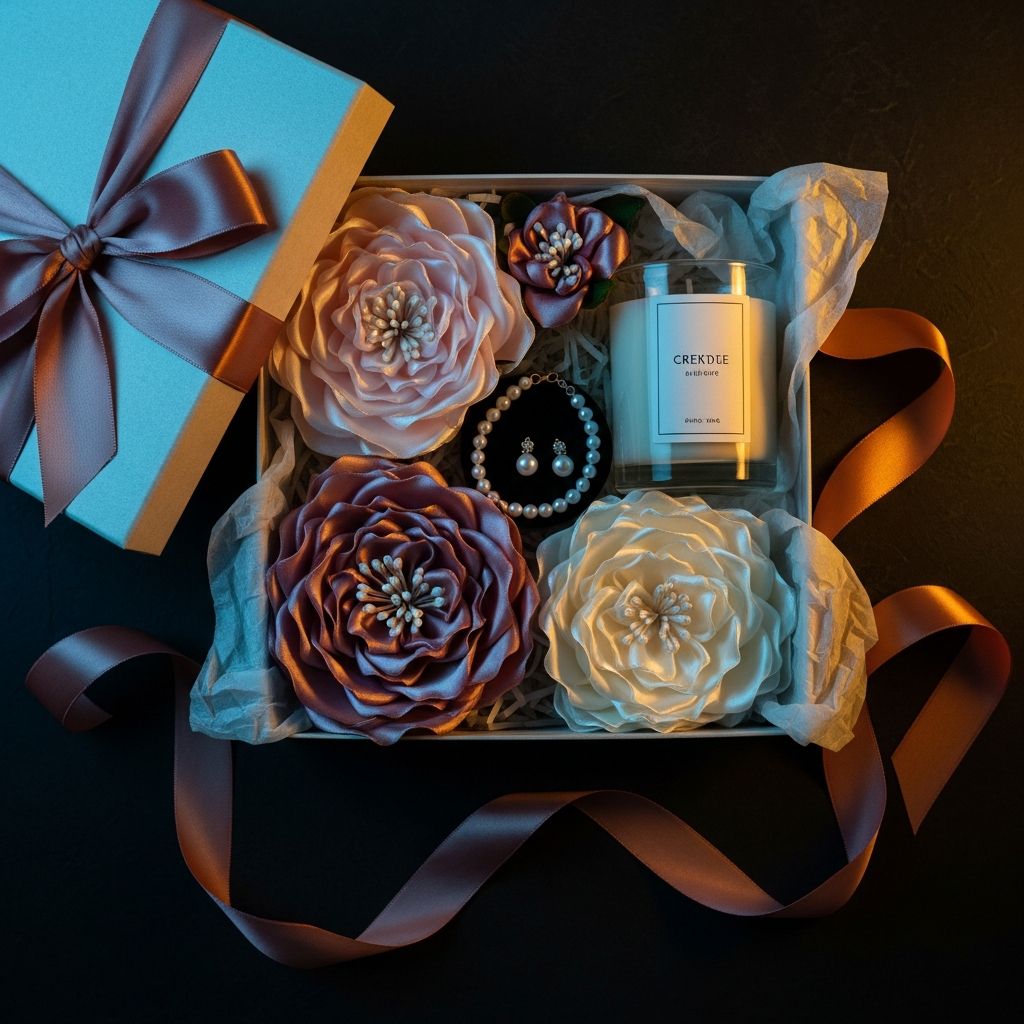 AI_IMAGE: Luxurious gift box containing handmade satin flowers a scented candle and pearl accessories elegantly packaged with satin ribbon and tissue paper, photographed from above on dark surface with cyan and warm lighting, premium gift set product photography | photorealistic | square