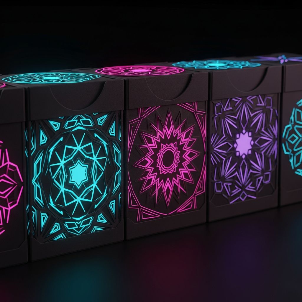 AI_IMAGE: Custom 3D printed trading card deck boxes with intricate geometric patterns arranged in a row showing different designs each with a different neon color accent cyan magenta purple glowing edges catching the light dark matte finish with selective glossy details dramatic side lighting | digital-art | square