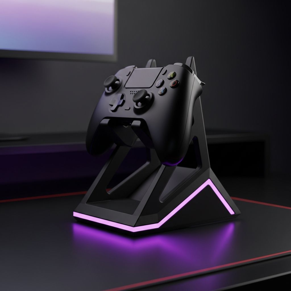 AI_IMAGE: Sleek 3D printed controller stand with integrated LED lighting, holding a gaming controller on a desk setup, neon purple underglow reflecting off the glossy black desk surface, minimalist geometric design with angular cuts, dark environment with monitor glow in background | digital-art | square