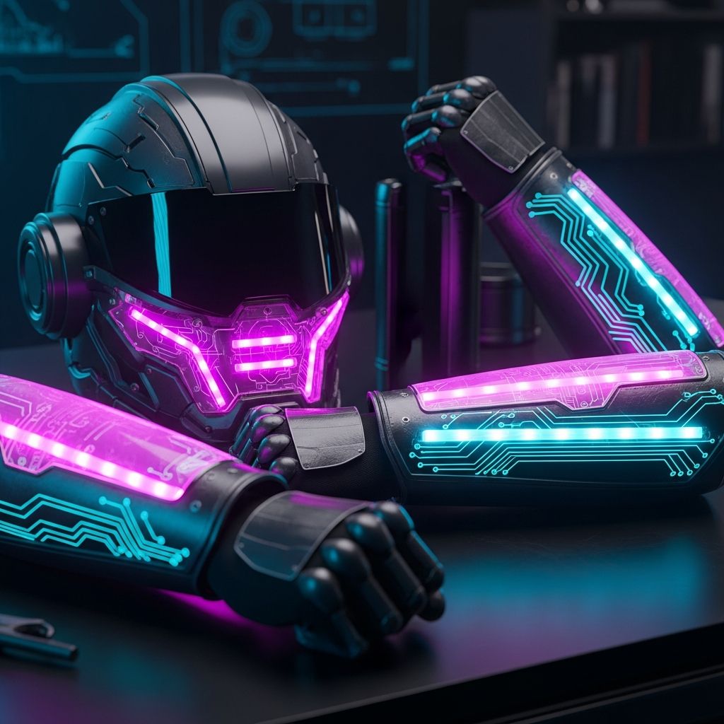 AI_IMAGE: Futuristic 3D printed cosplay armor pieces arranged on a workbench glowing LED strips embedded in translucent printed sections cyberpunk helmet with visor arm guards with circuit patterns magenta and cyan accent lighting reflecting off glossy surfaces dark workshop environment | digital-art | square
