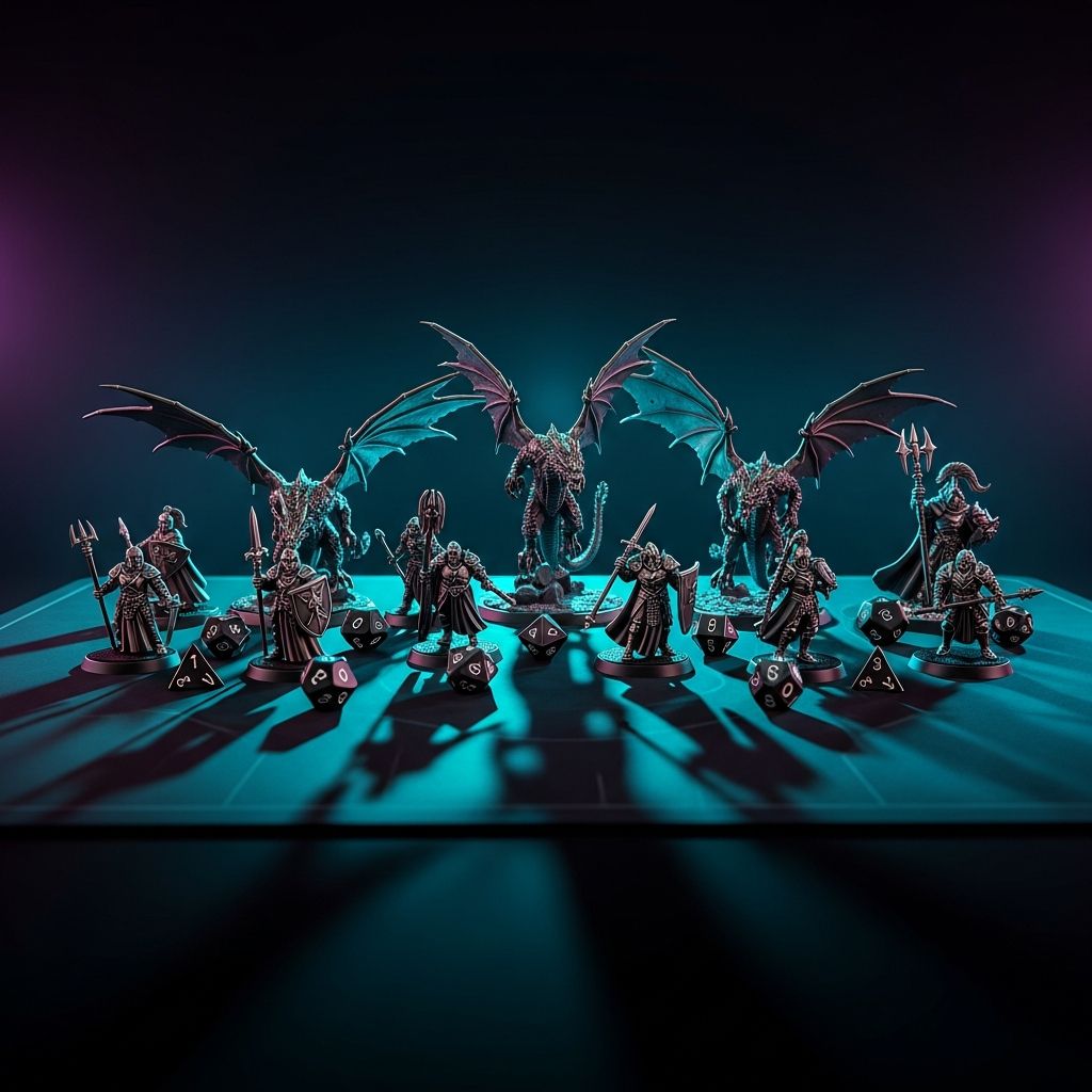 AI_IMAGE: Collection of detailed 3D printed fantasy miniatures on a dark gaming mat, painted with metallic paints, illuminated by dramatic cyan neon side-lighting, tiny warriors and dragons casting long shadows, tabletop RPG dice scattered around, deep black background with subtle purple ambient glow | digital-art | square