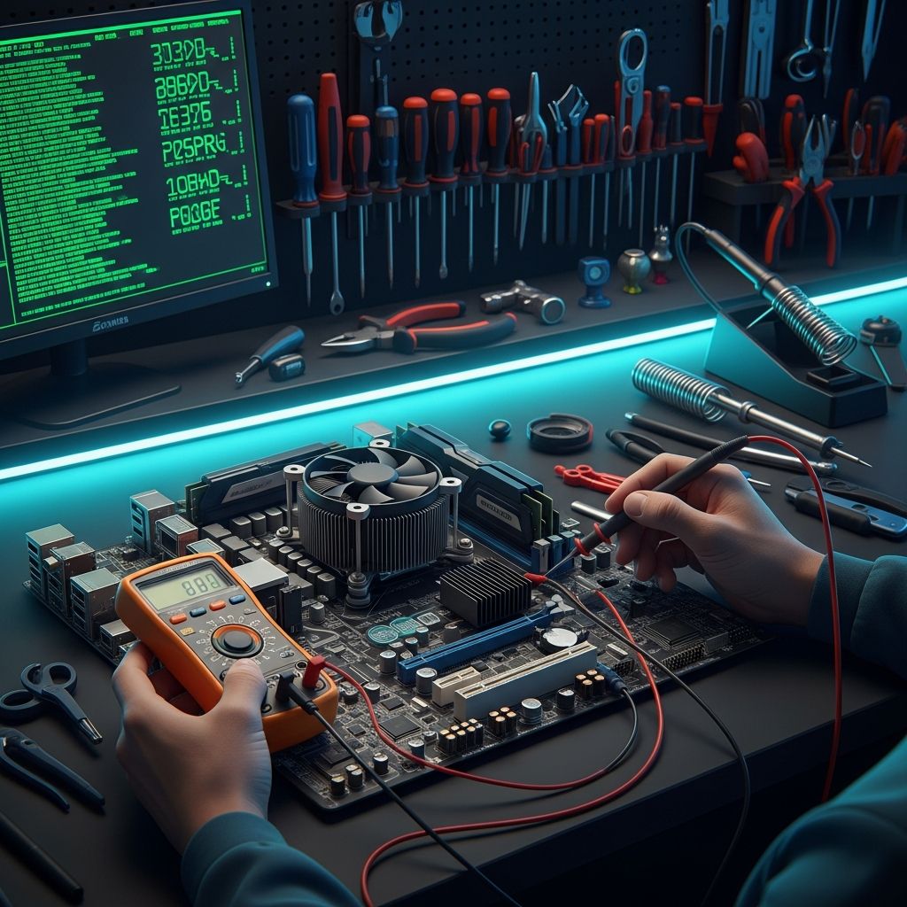 AI_IMAGE: Technician using a multimeter to test a computer motherboard on a dark workbench, digital diagnostic readout glowing green on a nearby screen, organized repair tools in background, cyan neon accent lighting, professional electronics diagnostics photography | digital-art | square