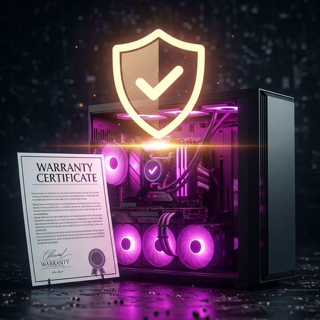 AI_IMAGE: A glowing shield icon with a checkmark floating above a completed gaming PC build, warranty certificate document with official stamp visible, magenta neon accent lighting creating a protective aura effect, dark background with subtle circuit board texture, quality assurance and warranty concept | digital-art | square