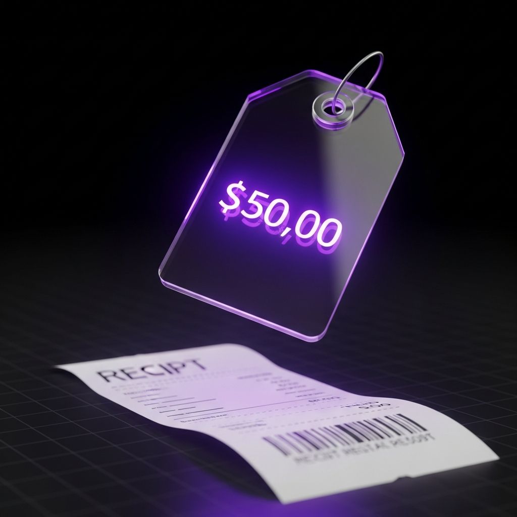 AI_IMAGE: A transparent price tag hologram floating in mid-air showing clear pricing numbers, no hidden fees concept with a clean receipt beside it, purple neon glow around the price display, dark minimal background with subtle grid pattern, transparent pricing and honesty concept | digital-art | square