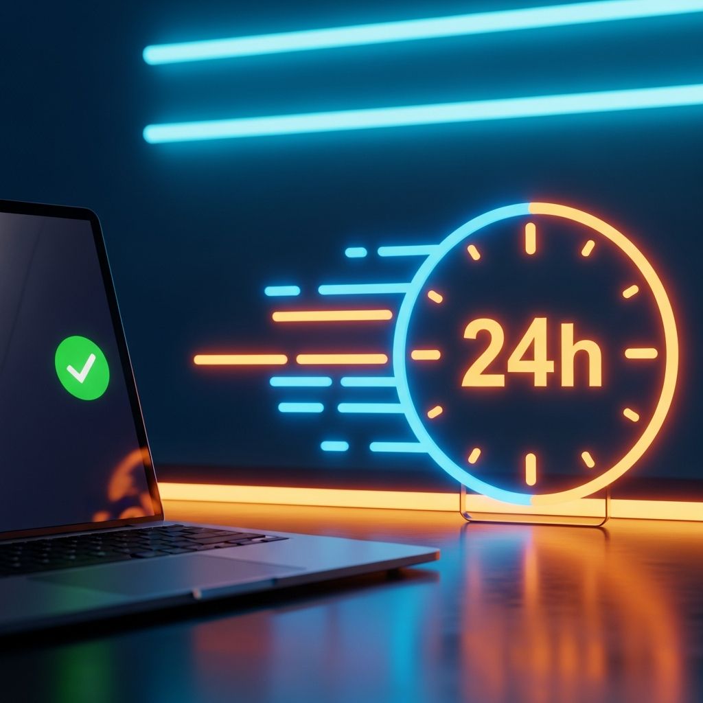 AI_IMAGE: A glowing clock icon showing 24 hours with speed lines radiating outward, a completed repaired laptop beside it on a dark desk with a green checkmark notification on its screen, warm amber and cool cyan neon accent lighting, fast turnaround and quick service concept | digital-art | square