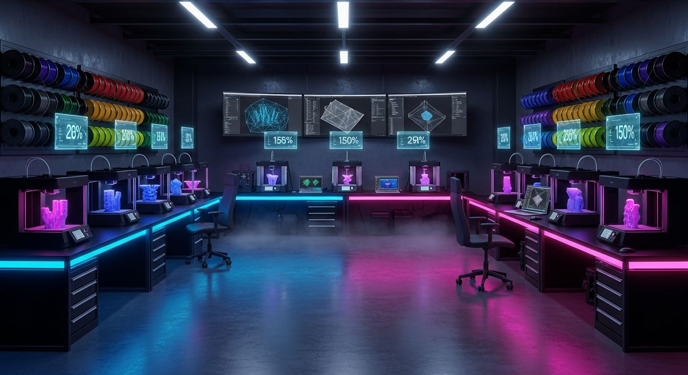 AI_IMAGE: Wide panoramic view of a professional 3D printing laboratory with eight industrial printers arranged in two rows all actively printing different objects simultaneously, cyan and magenta LED strip lighting running under sleek black workbenches, dozens of filament spools organized on wall-mounted racks in every color of the rainbow, three large curved monitors showing slicing software with wireframe overlays, a workstation area with a laptop and design tablet, holographic-style data readouts floating above each printer showing progress percentages, dark industrial aesthetic with polished concrete floor exposed ceiling beams and subtle volumetric fog catching the neon light, the overall impression is a high-tech futuristic manufacturing facility | digital-art | landscape