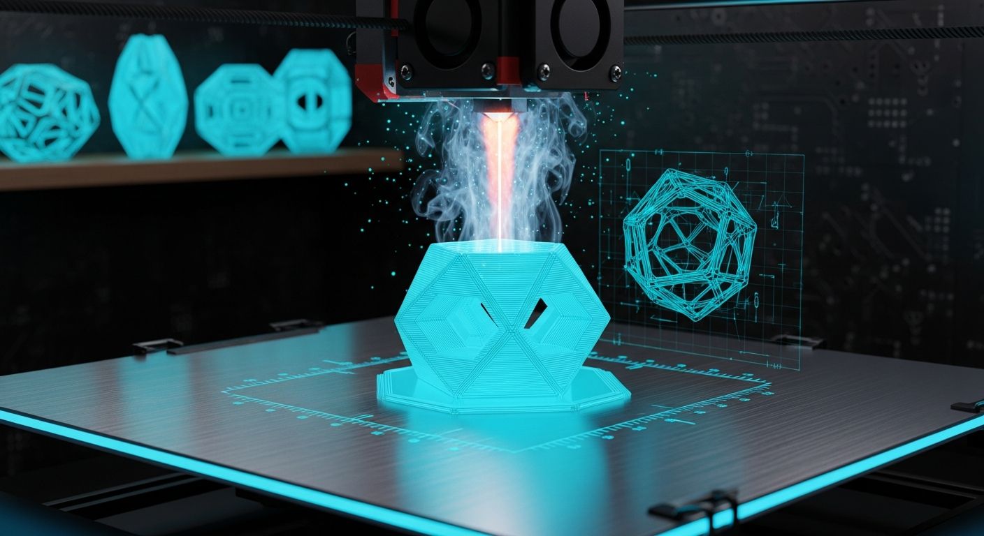 AI_IMAGE: Dramatic close-up of a professional 3D printer in action extruding glowing cyan filament layer by layer forming a complex geometric sculpture with visible layer precision, the heated nozzle surrounded by wisps of rising heat creating a volumetric glow effect, neon blue light illuminating the print bed reflecting off the partially completed object, a holographic wireframe overlay showing the complete digital model ghosted transparently above the physical print in progress, tiny cyan light particles floating upward from the hot nozzle, deep black background with subtle circuit board texture pattern, the print bed shows a brushed aluminum surface with precise calibration markers, multiple completed objects visible in soft focus on a shelf behind the printer | digital-art | landscape