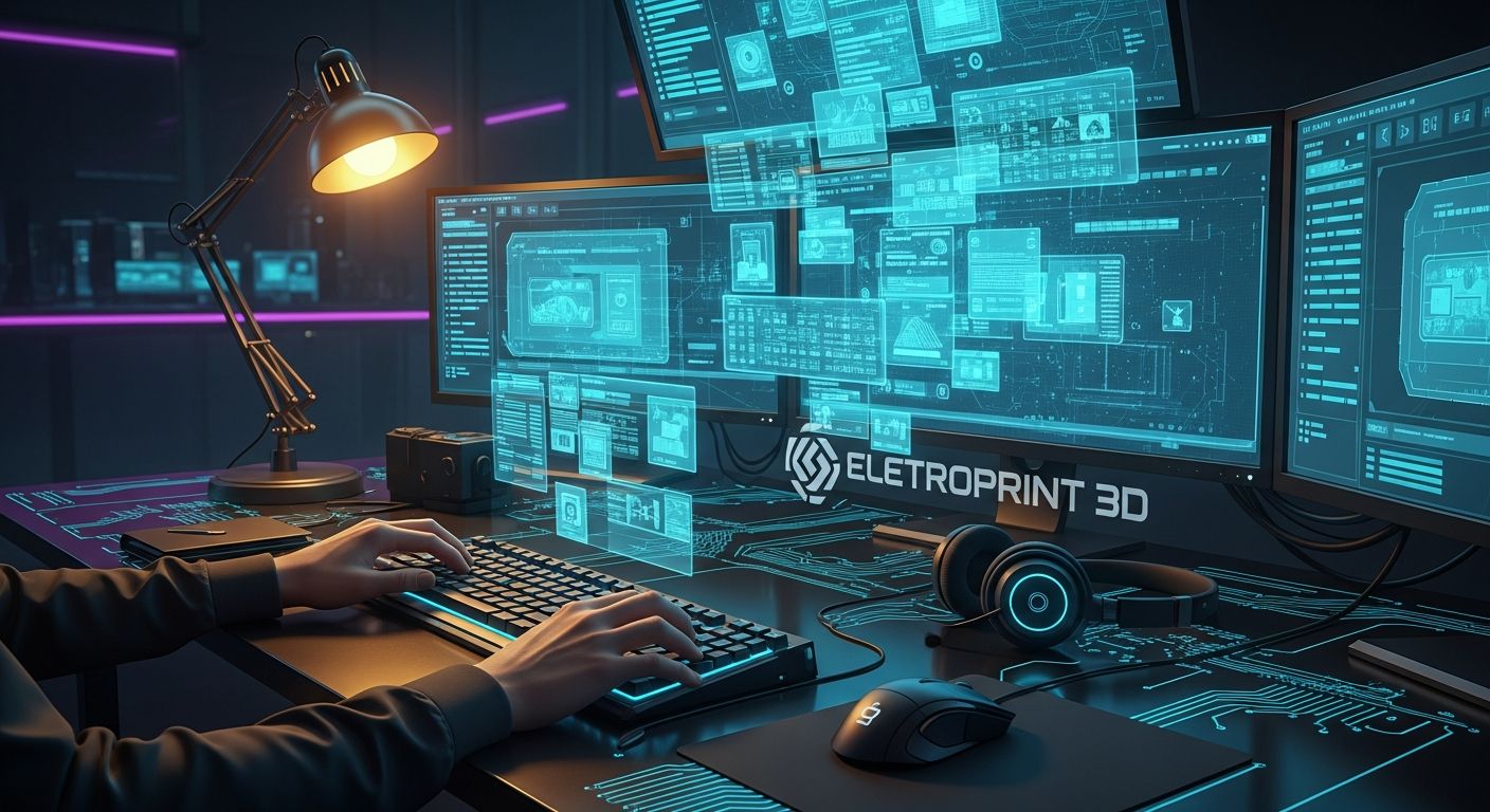 AI_IMAGE: Customer service representative at a modern dark workstation with multiple monitors showing support tickets, a headset on the desk, warm amber desk lamp light contrasting with cool cyan monitor glow, professional tech support environment with the Eletroprint 3D cyberpunk aesthetic, hands typing on keyboard helping a customer | digital-art | landscape