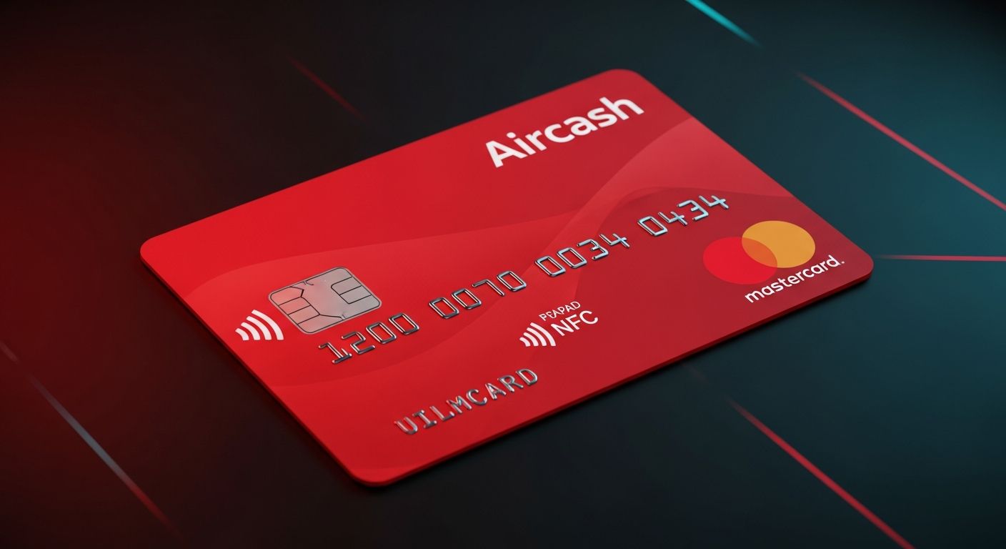 AI_IMAGE: Red Aircash Mastercard prepaid card with the official Aircash branding in white text, Mastercard dual-circle logo in orange and red at bottom right, contactless NFC payment symbol, chip visible on left side, card number displayed across the center, card shown at a slight angle on a deep black surface with subtle red and cyan neon reflections, premium fintech product photography with dramatic lighting emphasizing the vibrant red color of the card | photorealistic | landscape