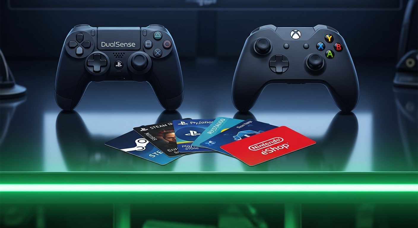 AI_IMAGE: Gaming setup with PlayStation and Xbox controllers side by side on a dark desk, gift cards for Steam PlayStation Store and Nintendo eShop arranged in a fan pattern, green neon LED strip lighting from below reflecting off glossy surface, gaming entertainment concept with dark moody atmosphere | digital-art | landscape