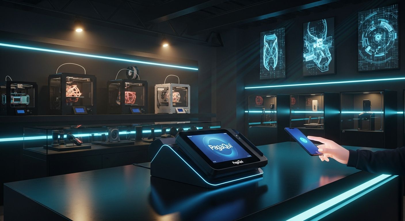AI_IMAGE: Interior of a modern tech store showing a PagaQui payment terminal on a sleek dark counter, a customer making a contactless payment, 3D printers visible in the background, cyan neon LED strip lighting under the counter and along shelves, professional retail environment with dark cyberpunk aesthetic, warm welcoming atmosphere | digital-art | landscape