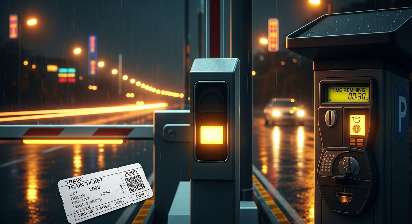 AI_IMAGE: Highway toll gate at night with electronic payment sensors glowing golden amber, a train ticket and parking meter in the foreground, dark nighttime urban scene with warm golden and amber neon lighting, transport and travel payment concept | digital-art | landscape