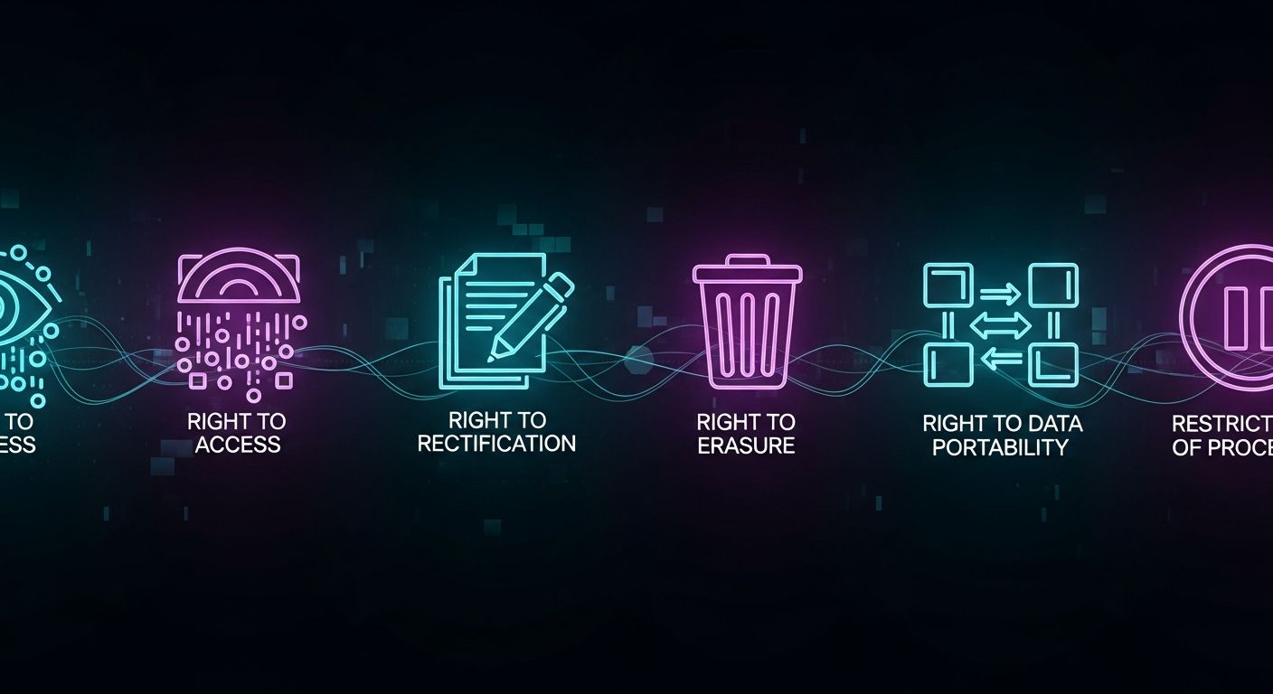 AI_IMAGE: Panoramic infographic showing GDPR rights as glowing icons in a horizontal row: access icon with eye symbol, rectification with pencil, erasure with trash can, portability with transfer arrows, limitation with pause button, all connected by flowing cyan neon data lines on deep dark background, European data protection rights visualization | digital-art | landscape