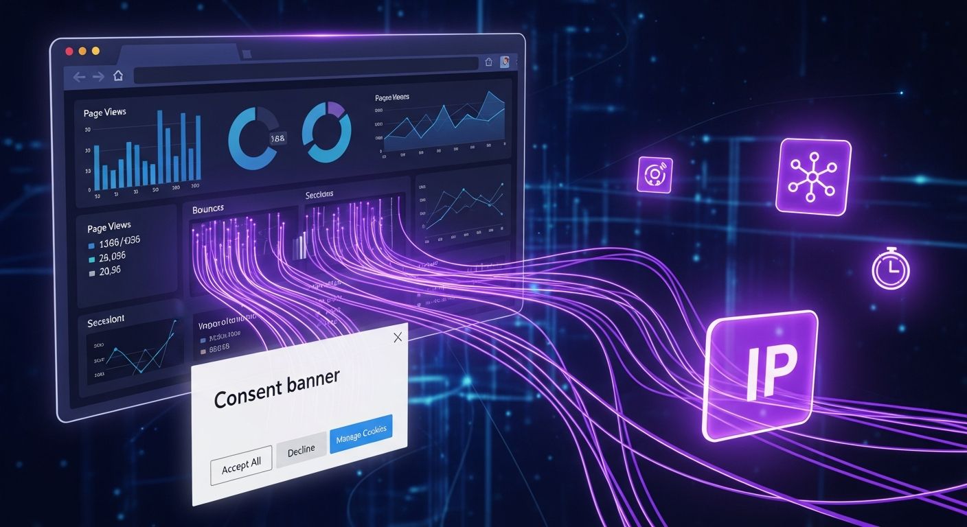 AI_IMAGE: Browser window with cookie consent banner and analytics dashboard visualization, website usage data flowing as glowing purple data streams, IP address and session data icons floating in dark cyberspace, web analytics and cookies concept with purple neon aesthetic | digital-art | landscape
