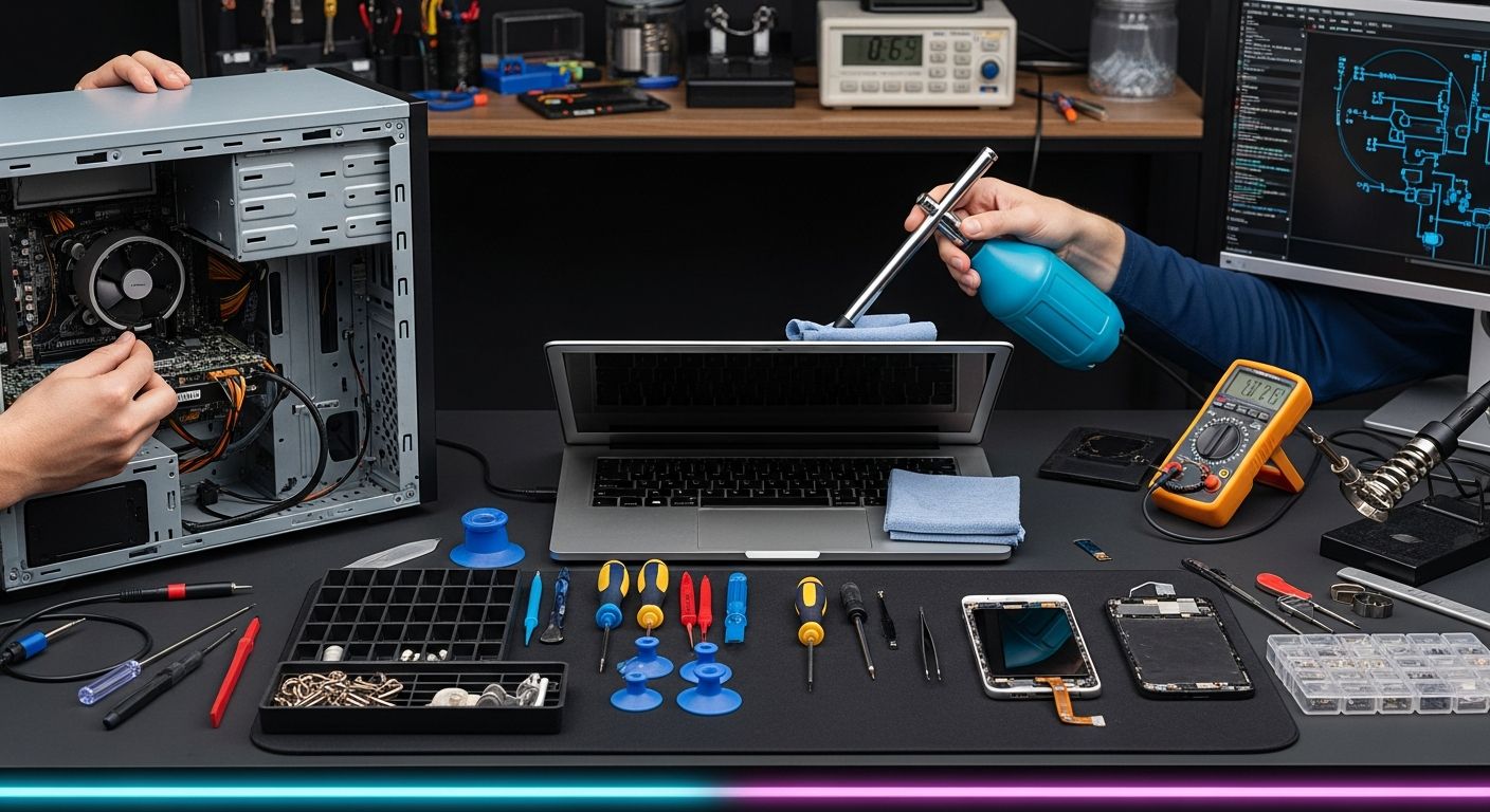 AI_IMAGE: Panoramic view of a professional computer repair workstation showing multiple devices being repaired simultaneously, a desktop with the case open, a laptop being cleaned, and a smartphone with the screen removed, all on a dark anti-static workbench with organized tool trays, cyan and magenta LED accent strips along the desk edge, precision electronics repair environment | photorealistic | landscape