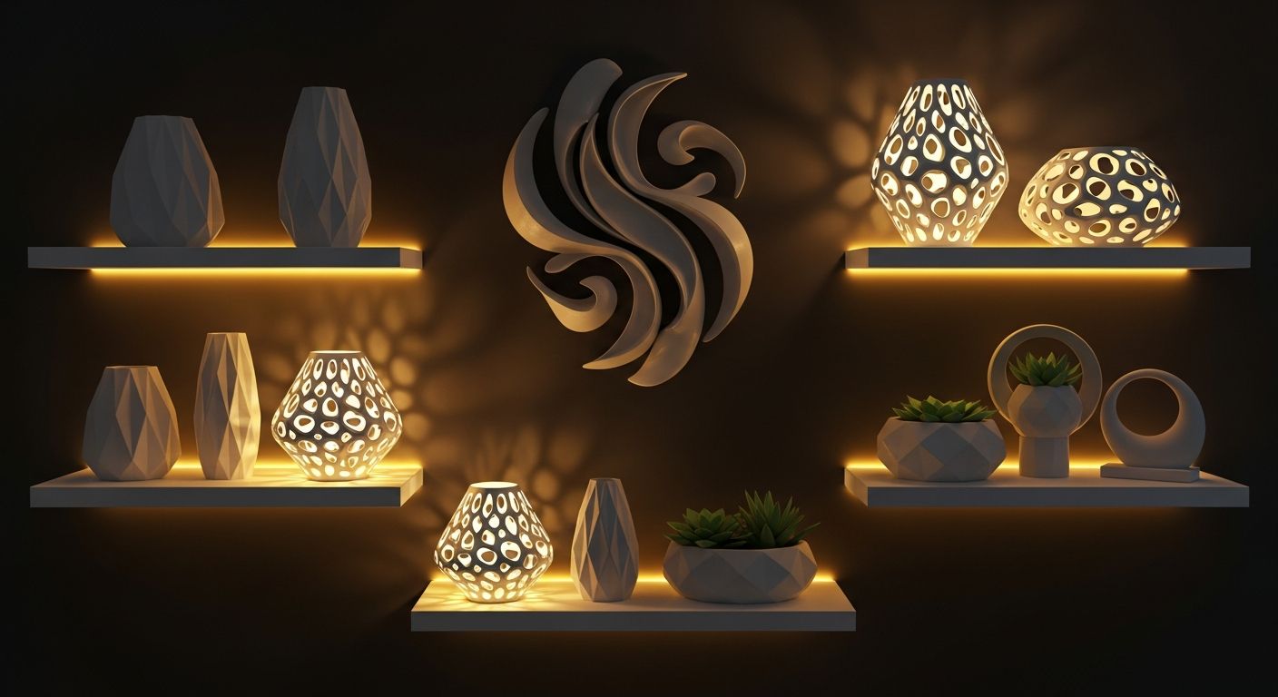 AI_IMAGE: 3D printed decorative items including geometric vases, modern lampshades with intricate patterns, wall art sculptures and minimalist planters, arranged on floating shelves against a dark wall with golden amber accent lighting | digital-art | landscape