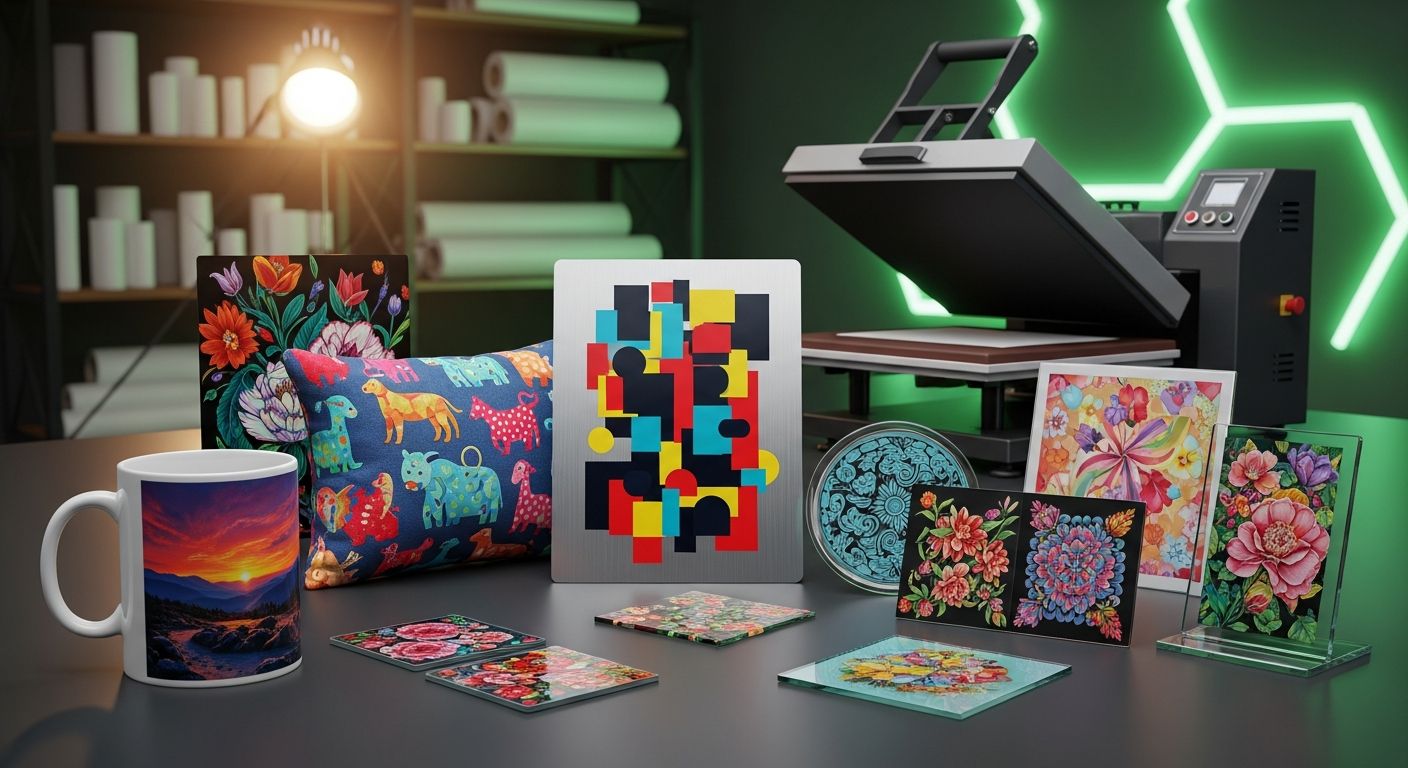 AI_IMAGE: Sublimation printing products showing vibrant full-color prints on ceramic mugs, metal panels, fabric cushions and glass items, heat press machine visible in background, warm studio lighting with green accent glow, professional workshop environment | digital-art | landscape