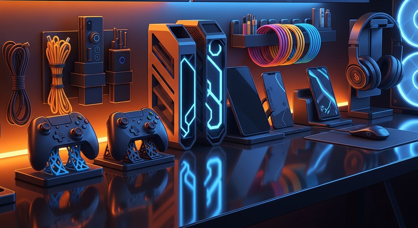 AI_IMAGE: Technology and gaming accessories including 3D printed controller stands, custom PC case parts, cable organizers and tech gadget holders, displayed on a dark desk with orange and blue neon LED backlighting, gamer setup aesthetic | digital-art | landscape