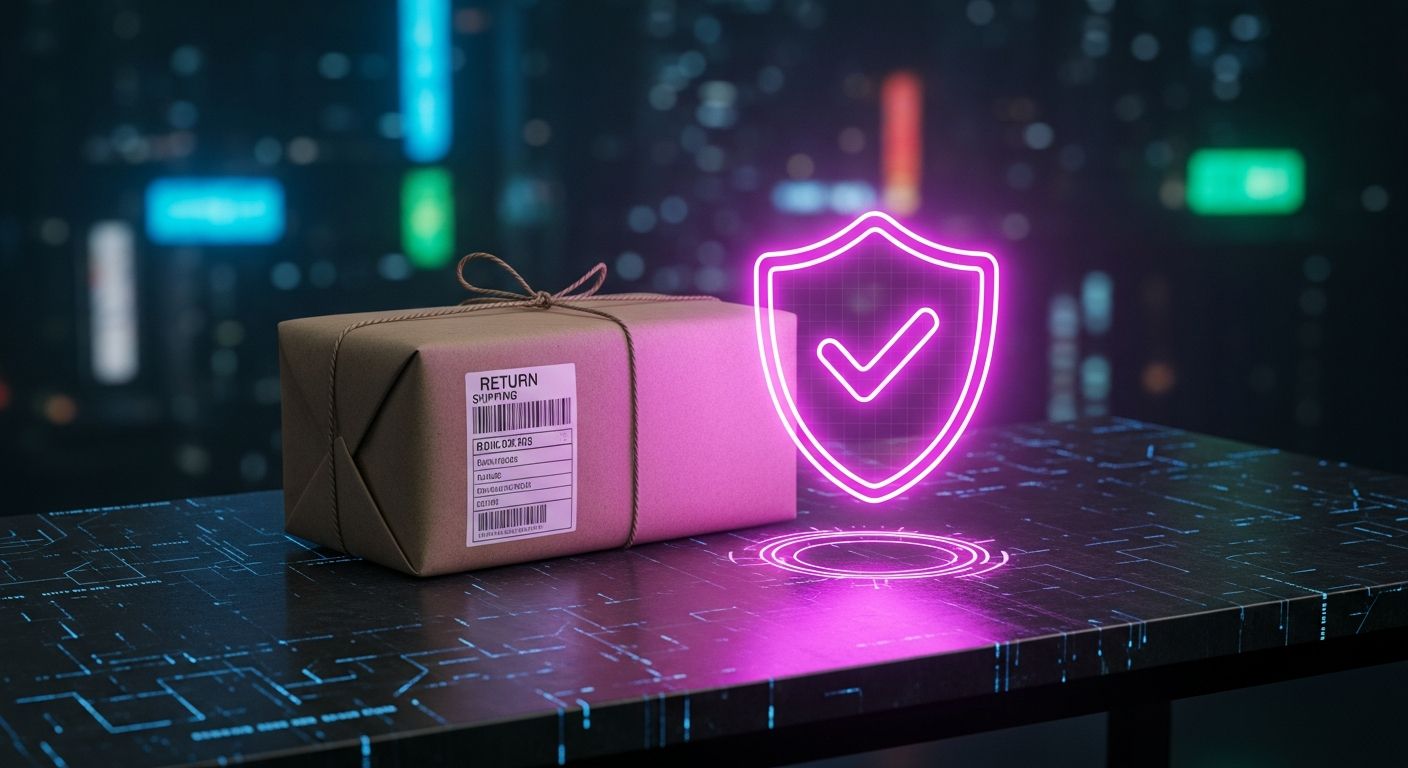 AI_IMAGE: A packaged product with a return label being prepared for shipping on a dark desk, alongside a shield icon with a checkmark glowing in magenta neon, return and refund policy concept with dark cyberpunk aesthetic | digital-art | landscape