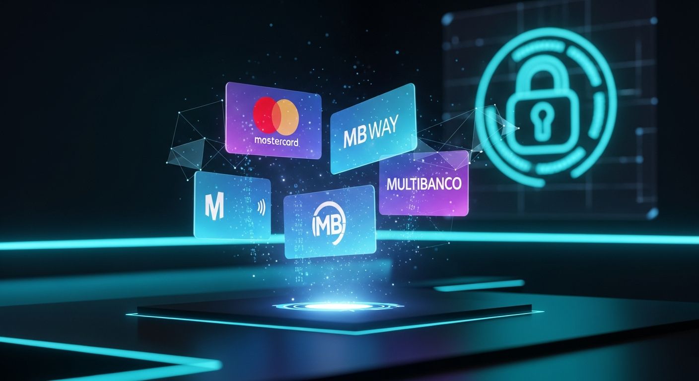 AI_IMAGE: Secure digital payment interface showing multiple payment method icons including Mastercard MB WAY and Multibanco as glowing holographic cards floating above a dark desk, cyan neon accent lighting, fintech security concept | digital-art | landscape