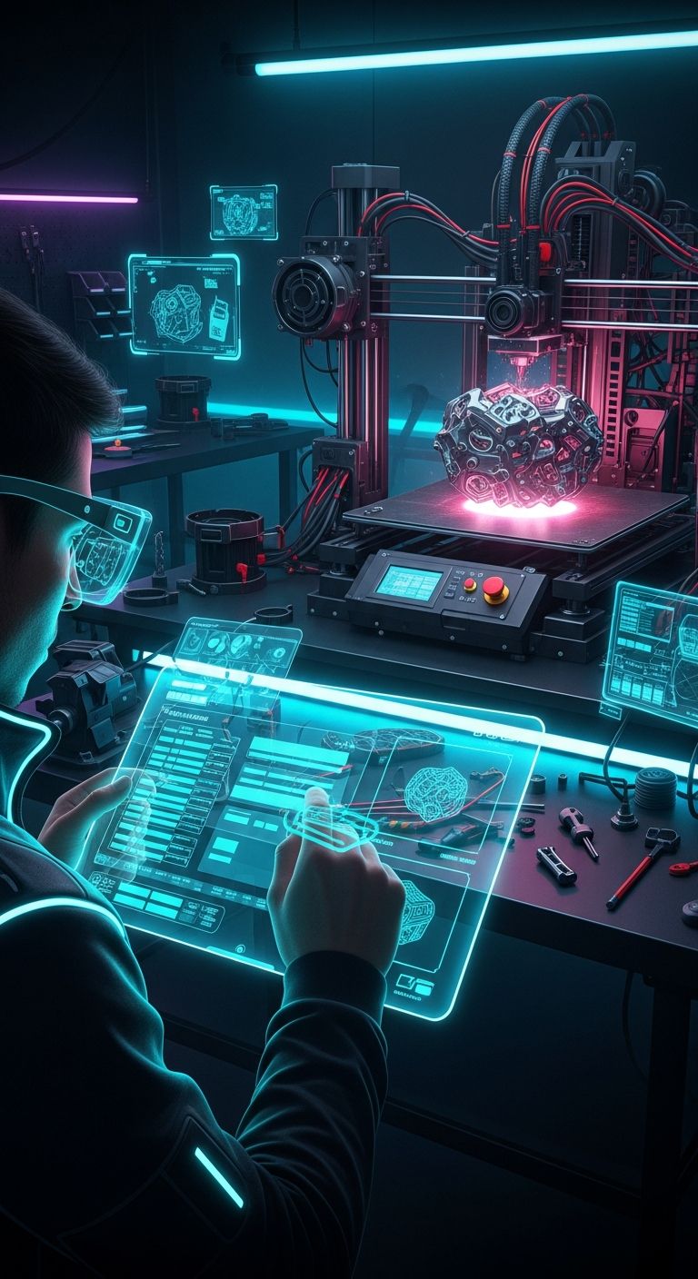 AI_IMAGE: A customer filling out an order form on a tablet screen in a futuristic dark tech workshop, the screen glowing with cyan neon interface elements, 3D printer visible in the background, professional ordering process concept with dark cyberpunk aesthetic | digital-art | portrait